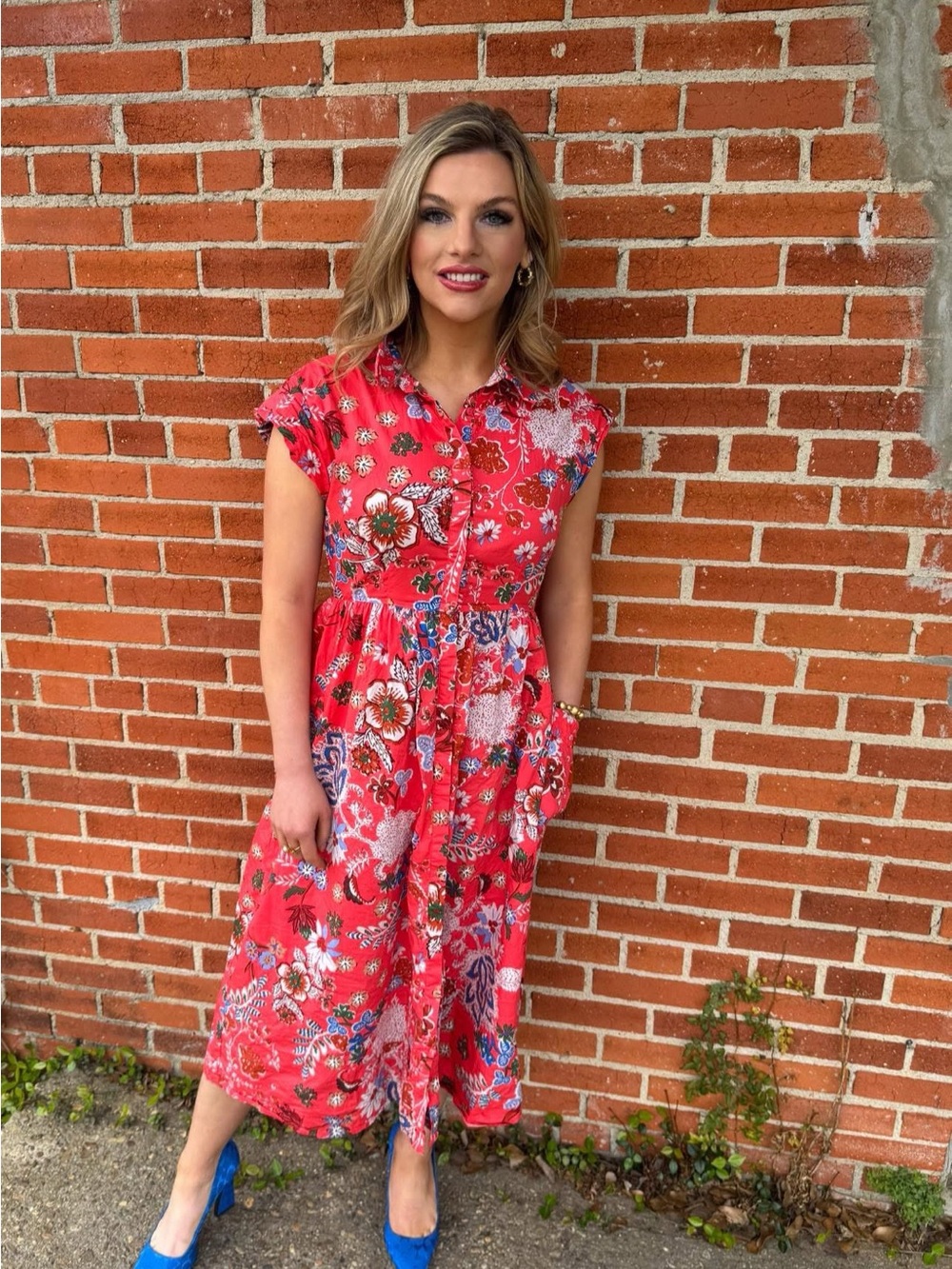 Sugarlips Red Floral Button-Front Midi Dress